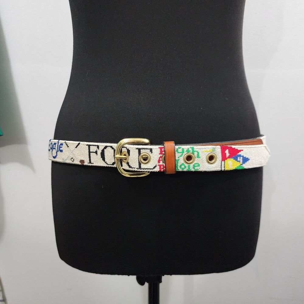 Golf-themed hand-stitched needlepoint golf belt Solid Brass Buckle 34in - 38in
